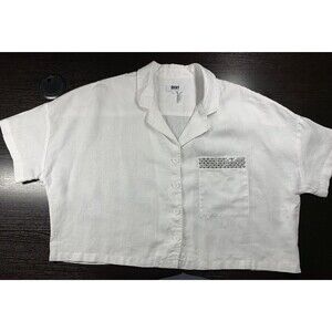 DKNY PURE Camp Shirt Women's L White Linen Embellished Pocket Relaxed Resort